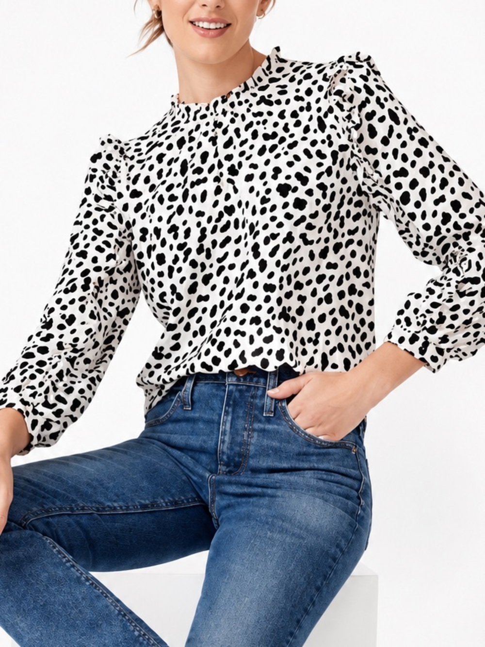 J.Crew Leopard Spot Ruffle Blouse Medium Black White Long Sleeve